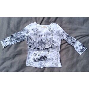Impulse Small White Italy Sketch Art Graphic Y2K 3/4 Sleeve Button Faux Wrap Top